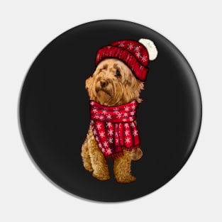 Cavapoo Cavoodle in festive red winter hat and scarf- cute cavalier king charles spaniel snug in a snowflake themed scarf Pin