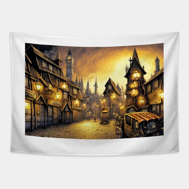 A brightly lit tudor village at night Tapestry by dystopiatoday