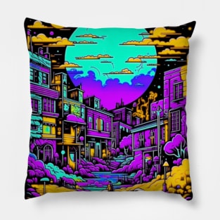 Psychedelic Abandoned Cityscape at night Pillow