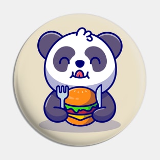Cute Panda Eating Burger With Fork And Knife Cartoon Pin