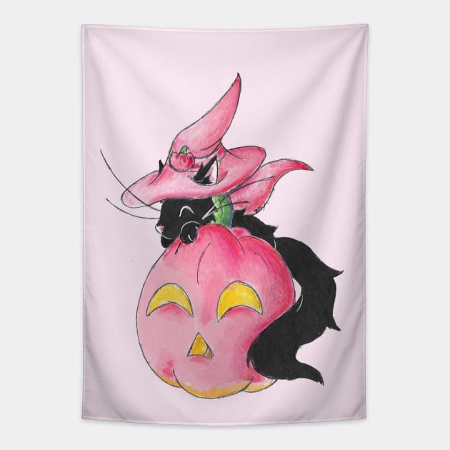 Pink Pumpkin Witch Tapestry by KristenOKeefeArt