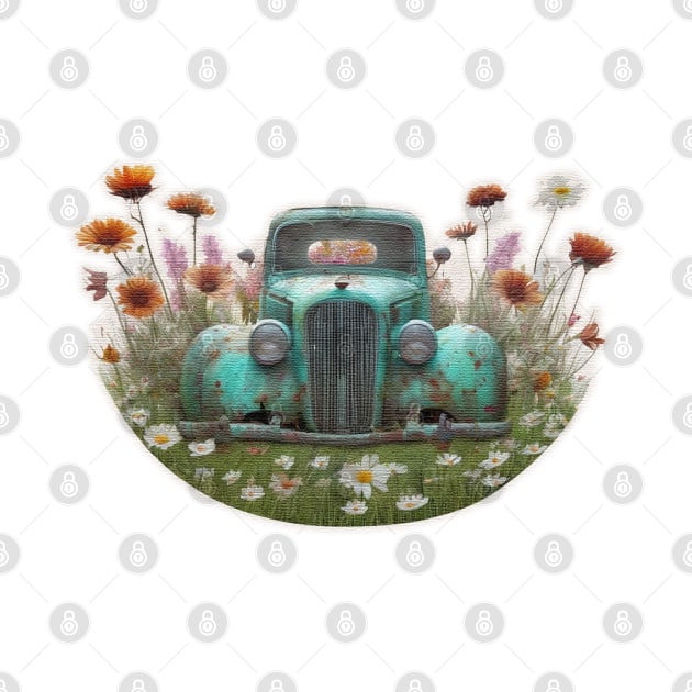 Old car in a field of flowers by JnS Merch Store