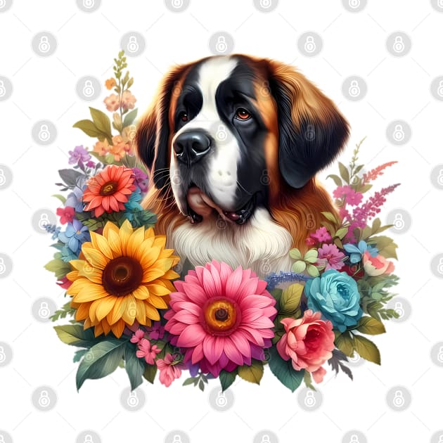 A St. Bernard dog decorated with beautiful colorful flowers. by CreativeSparkzz