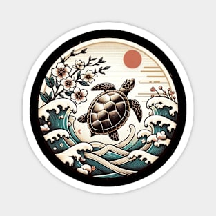 Flower Waves Floral Art Sunset Vintage Japanese Turtle Magnet