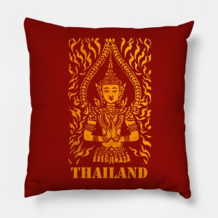 Ancient textured Thai classic gold textured angel mural from a very old Thai Buddhist temple with the word 'Thailand' underneath the image. Pillow