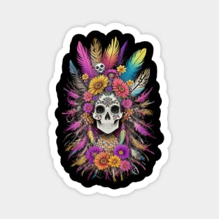 skull with flower and feathers Magnet