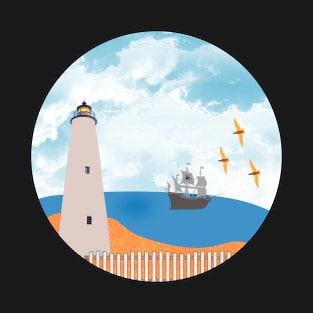 Ocracoke Island Lighthouse with Ship T-Shirt