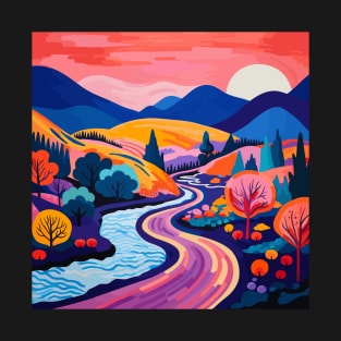 Digital Landscape Art in the Style of Matisse - Orange Sky, Blue Mountain, Orange Valley T-Shirt