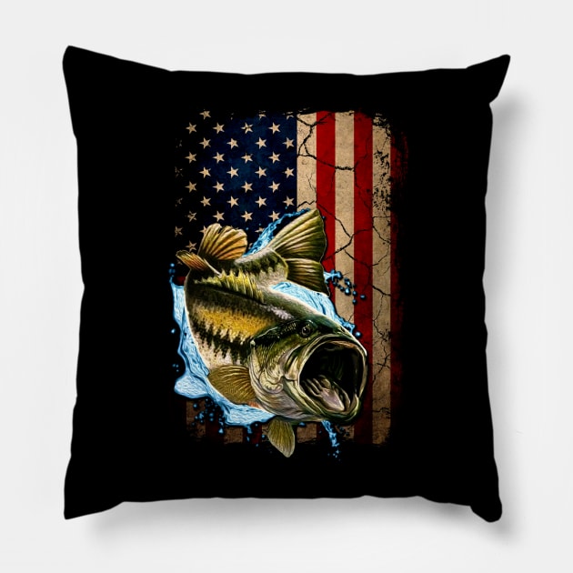 American Flag Bass Fishing Gifts For Fisherman Fish Fishing Pillow by Proficient Tees
