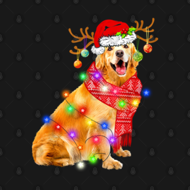 Discover Golden Retriever Reindeer Dog Santa Hat Christmas Lights Happy Holidays Season - Merry Christmas Dog - Golden Retriever Christmas - T-Shirt