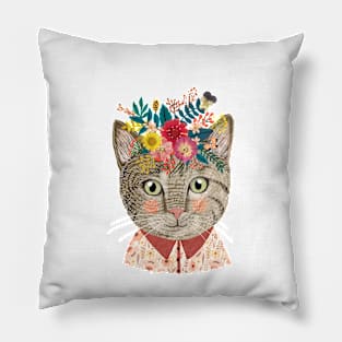 Grey Cat with Flower Crown. Animal lover art Pillow