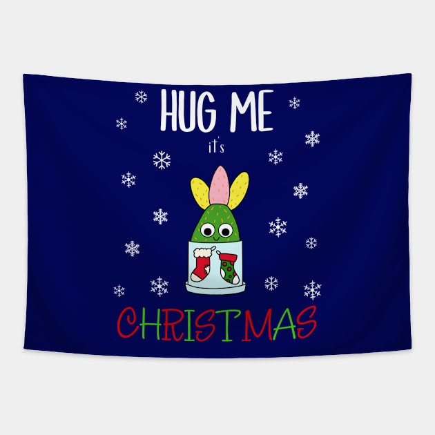 Hug Me It's Christmas - Hybrid Cactus In Christmas Themed Pot Tapestry by DreamCactus