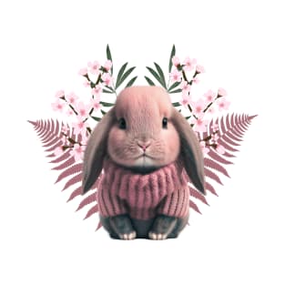 Adorable baby rabbit in pink wool sweater - beautiful flowers and leaves T-Shirt