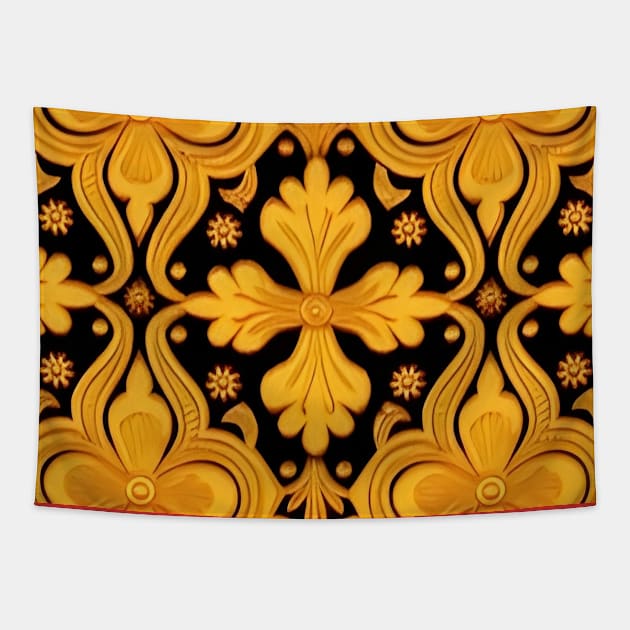 Russian Khokhloma Art Inspired Design Black and Gold Almost Clovers Tapestry by MiracleROLart