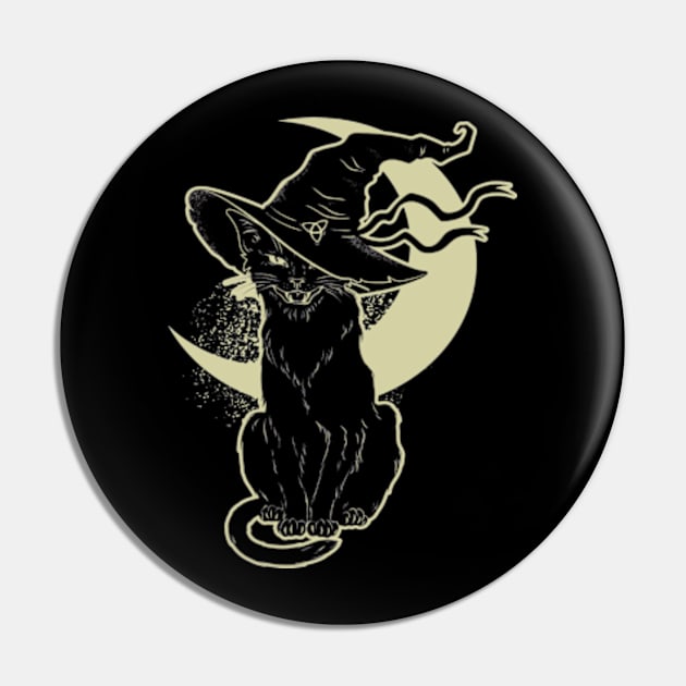 Black Cat Witch Halloween,Vintage Scary Halloween Black Cat, Costume Witch Hat Moon Pin by artbyGreen