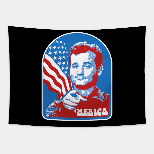 'Merica! USA July Fourth Bill Murray Fan Tribute Satire USA American Red White & Blue Funny Tapestry by robotbasecamp