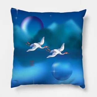 Two cranes flying in a bright blue sky Pillow