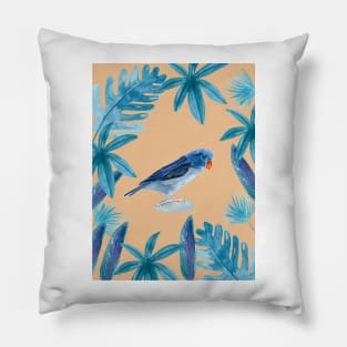 Blue Pacific Parrotlet with tropical leaves  and a coral background Pillow