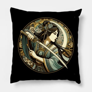 Chinese Sword Fighter - Art Noveau Style Pillow