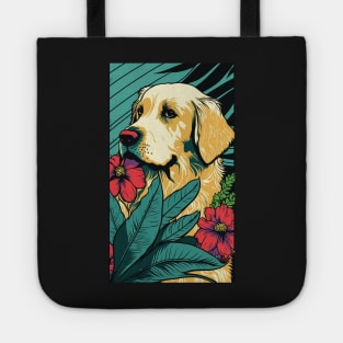 Golden Retriever Dog Vibrant Tropical Flower Tall Retro Vintage Digital Pop Art Portrait Tote