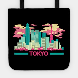 The colorful Tokyo skyscrapers and the cherry blossom on the black background Tote