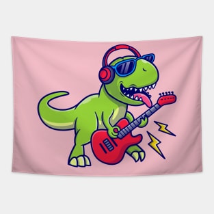 Cute Dinosaur Playing Guitar Music Cartoon Tapestry