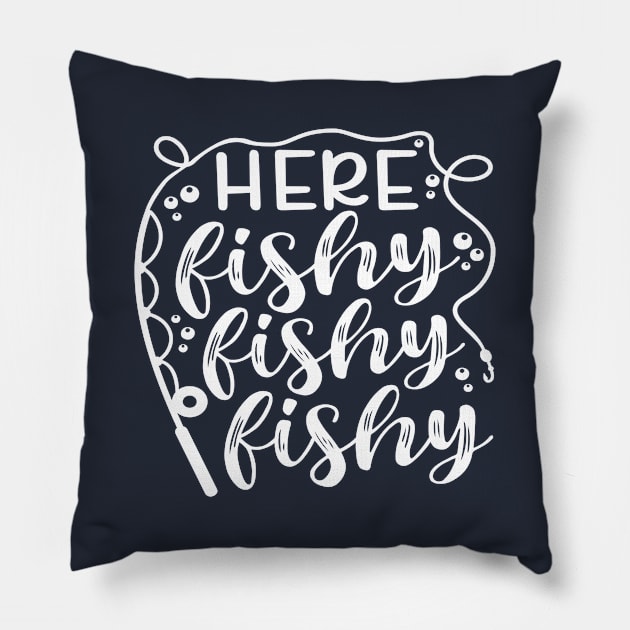 Here Fishy Fishy Fishy Kayaking Fishing Camping Pillow by GlimmerDesigns