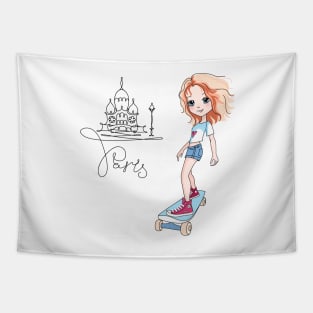 Cute baby girl skateboarder in Paris, France Tapestry