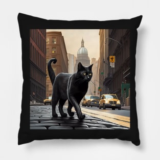 Black Cat walking down a street in the city Sticker Pillow