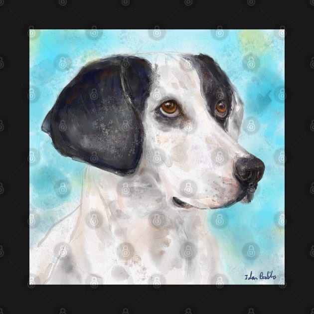 Watercolor Painting of a Black and White Dog on Light Blue Background by ibadishi