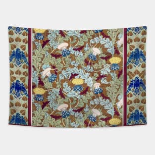 RAVENS,CICADAS,YELLOW WHITE THISTLES WITH GREEN LEAVES Art Nouveau Floral Pattern Tapestry