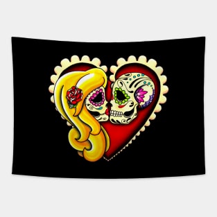 Ashes - Day of the Dead Kissing Sugar Skull Couple in Blonde Tapestry