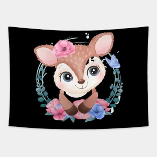 Cute little deer portrait with floral Tapestry