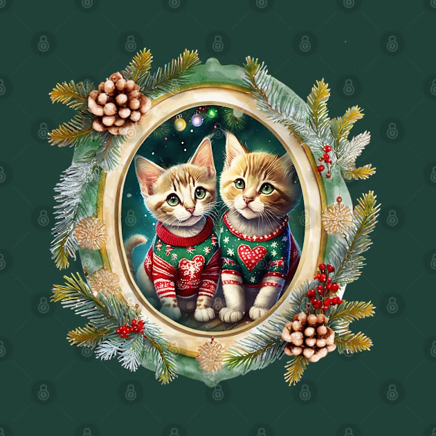 Two cute kittens wearing festive Christmas sweaters with red hearts, in a winter themed picture frame with pinecones and winter berries by WitchDesign