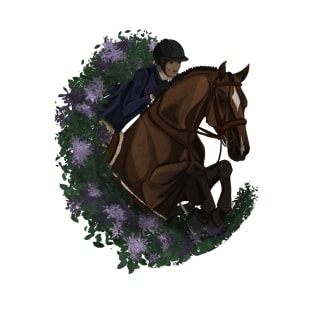 Bay Hunter Horse Jumping in Spring Flowers T-Shirt