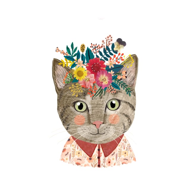 Grey Cat with Flower Crown. Animal lover art by MiaCharro