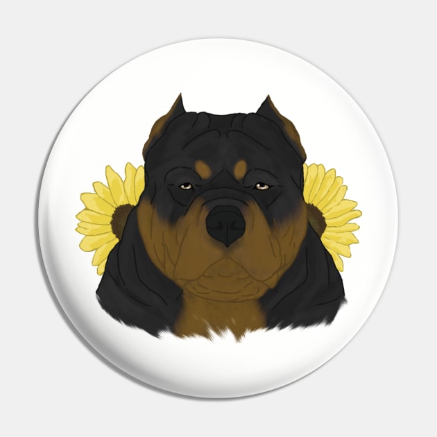 Black Tan American Bully with Sunflowers Pin by TrapperWeasel