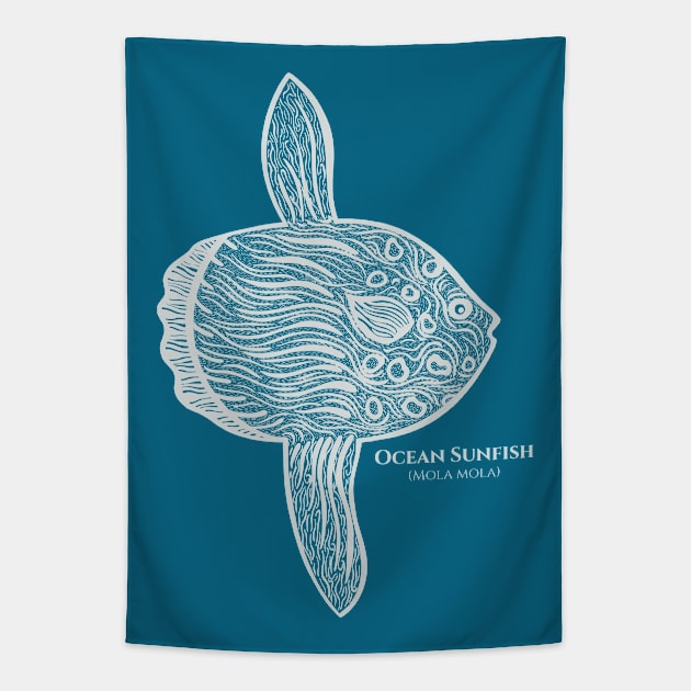 Ocean Sunfish with Common and Scientific Names - hand drawn fish Tapestry by Green Paladin