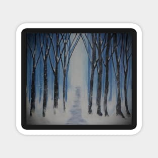 Winter Snow Path Snowy Trees Blue & White Art Painting done in graphic design art, Winter Landscape, Wall Art and Many Products Magnet