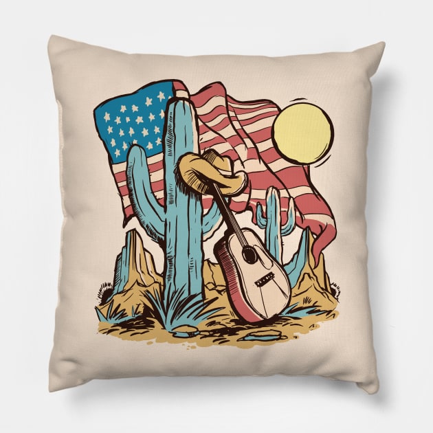 Vintage American Southwest Cartoon with Cactus, Guitar & American Flag Pillow by SLAG_Creative