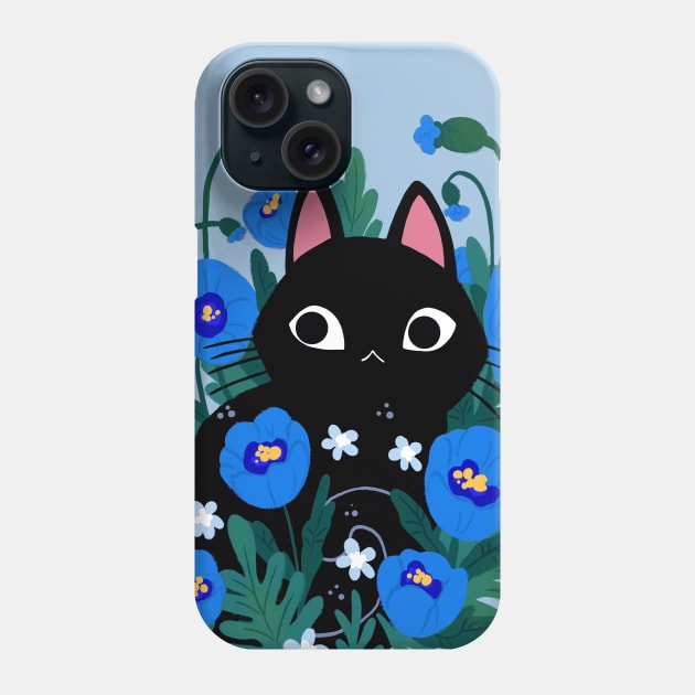 Black Cat in blue flowers Phone Case by MichelleScribbles