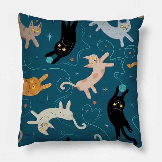 Cats playing with a ball of thread Pillow by Avisnanna