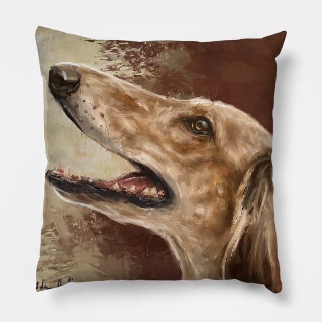 Painting of a Saluki Dog From the Side Smiling on Brown Beige Background Pillow by ibadishi