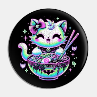 Pastel Goth Kawaii Cat Eating Bowl of Ramen Neon Blacklight Pin