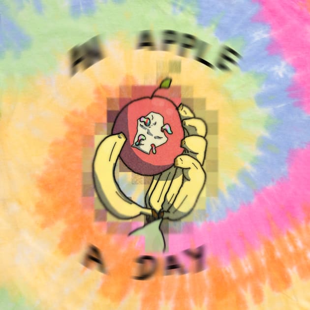 An Apple A Day - banana hand holding gummy worm infested apple - word art by DopamineDumpster