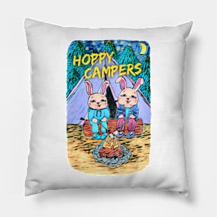 Pink Bunnies Camping, Hoppy Campers Pillow