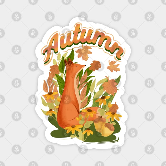 Red Fox And Falling Leaves In The Forest Magnet by i am Cuta