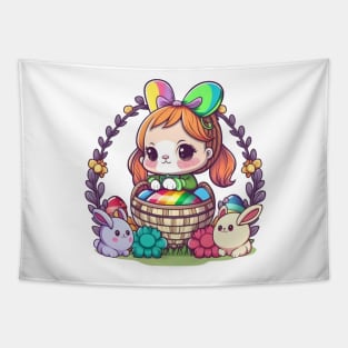 Cute Easter Bunny Girl In Basket. Spring Rainbow Flowers and Easter Eggs Tapestry