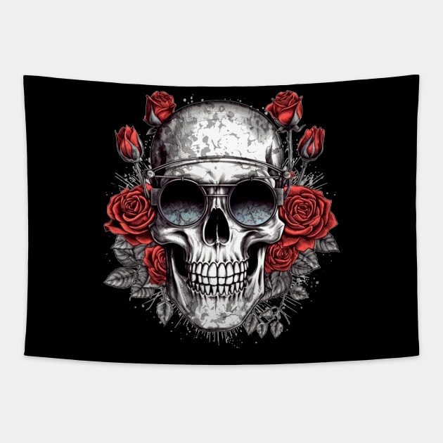 Cool Hipster Skull with Glasses and Roses Tapestry by Unelmoija