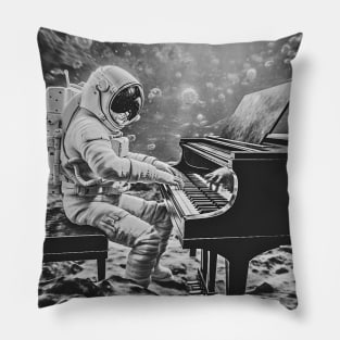 Astronaut Playing Piano Symphony on a Water Planet (Black and White), Cosmic Crescendo Pillow